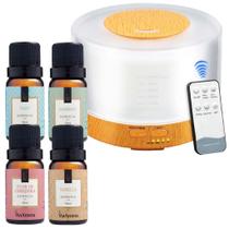 KIT 4 Essências Via Aroma Aromaterapia + Difusor Aromático Madeira