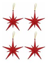 Kit 4 Estrelas Pendente Glitter Vermelha Para Árvore Natal