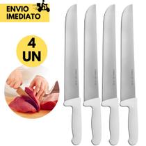 Kit 4 Faca Profissional 10" Cozinha Açougue Chef Inox com Cabo Branco Lâmina de Aço Inox Churrascari