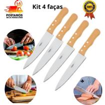 kit 4 Facas de Cozinha Aço Inox Cabo de Madeira Carne Salada Legumes Churrasco