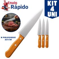 Kit 4 Facas de Cozinha Inox com Cabo de Madeira Facas Afiadas para Corte Profissional 8 Polegadas
