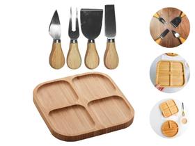 Kit 4 Facas Para Queijo Slice e Petisqueira De Bambu Square