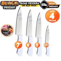 Kit 4 Facas Peixeira Inox Profissional 7” 6” 5” 3,5” Cabo Branco Para Cozinha e Churrasco Kit 4 Facas Peixeira Inox Profissional 7” 6” 5” 3,5” Cabo Branco Para Cozinha e Churrasco