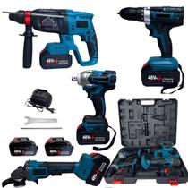Kit 4 Ferramentas Eletrica Bateria Furadeira Parafusadeira Martelete Esmerilhadeira Obra Reparo Maleta Construçao