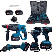 Kit 4 Ferramentas Eletrica Bateria Parafusadeira Martelete Furadeira Esmerilhadeira Obra Construçao Maleta Portatil
