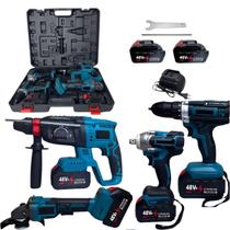 Kit 4 Ferramentas Eletrica Bateria Parafusadeira Martelete Furadeira Esmerilhadeira Obra Reparo Construçao Maleta
