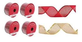 Kit 4 Fitas Aramada Dourada Vermelha Laço Decoração Natal 3m