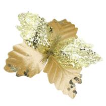 Kit 4 Flor De Natal Dourada Artificial Com Brilho 19cm Kit 4 Flor De Natal Dourada Artificial Com Brilho 19cm