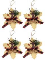 Kit 4 Flores Bico de Papagaio Pendente Tecido Decorado Bege Rena e Pinhas 14cm - Master Christmas