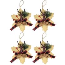 Kit 4 Flores Bico de Papagaio Pendente Tecido Decorado Bege Rena e Pinhas 14cm - Master Christmas