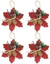 Kit 4 Flores Bico de Papagaio Pendente Tecido Decorado Vinho Rena e Pinhas 14cm - Master Christmas