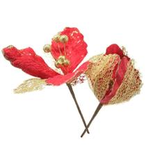 Kit 4 Flores Com Cabo Artificial Decoração De Natal Com Glitter 27cm