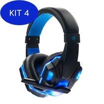 Kit 4 Fone De Ouvido Gamer Com Microfone Bass E Led Azul - Booglee