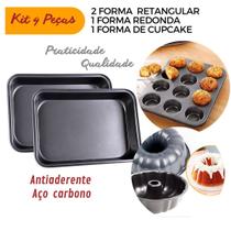 Kit 4 Formas Antiaderentes - 2 Retangular 1 Redonda Bolo Pudim 1 Cupcake - Ingá