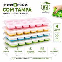 Kit 4 Formas Silicone Com Tampa Edrex Bpa Free 56 Cubos Congelar Papinha Bebê Alimentos Caldos Drinks Empilhável Fácil Desenformar