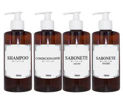 Kit 4 Frasco Pet Ambar 500ml Decoração Minimalista Banheiro Shampoo Condicionador Sabonete Liquido Intimo Facial Hidratante Pote