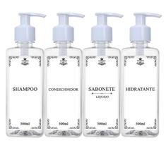 Kit 4 Frasco Pet Cristal 500ml Decoração Minimalista Banheiro Shampoo Condicionador Sabonete Liquido Intimo Facial Hidratante Pote