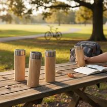 Kit 4 Garrafa Térmica Squeeze Bambu Inox Medidor Temperatura 430ml