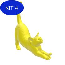 Kit 4 Gato Se Espreguiçando Pet Decoração 3D Amarelo - Br 3D