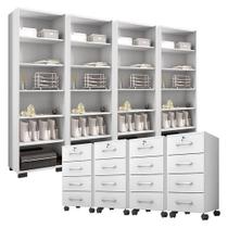 Kit 4 Gaveteiros Para Escritório Gávea Com Chave E 4 Livreiros Office Branco Fosco Móveis Leão