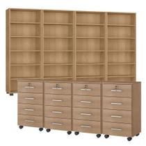 Kit 4 Gaveteiros Para Escritório Gávea Com Chave E 4 Livreiros Office Freijó Fosco - Móveis Leão