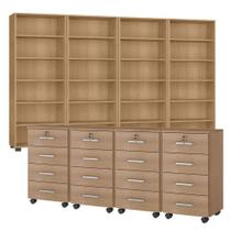 Kit 4 Gaveteiros Para Escritório Gávea Com Chave E 4 Livreiros Office Freijó Fosco Móveis Leão