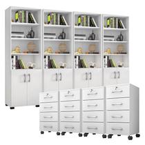 Kit 4 Gaveteiros para Escritório Gávea com Chave e 4 Livreiros Office Portas Pequenas Branco Fosco Móveis Leão