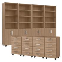 Kit 4 Gaveteiros para Escritório Gávea com Chave e 4 Livreiros Office Portas Pequenas Freijó Fosco Móveis Leão