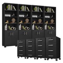 Kit 4 Gaveteiros para Escritório Gávea com Chave e 4 Livreiros Office Portas Pequenas Preto Fosco Móveis Leão Kit 4 Gaveteiros para Escritório Gávea com Chave e 4 Livreiros Office Portas Pequenas Preto Fosco Móveis Leão