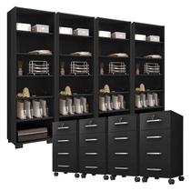 Kit 4 Gaveteiros para Escritório Gávea com Chave e 4 Livreiros Office Preto Fosco Móveis Leão