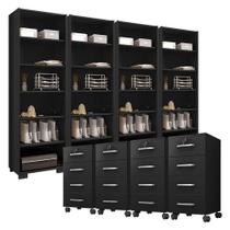 Kit 4 Gaveteiros Para Escritório Gávea Com Chave E 4 Livreiros Office Preto Fosco - Móveis Leão