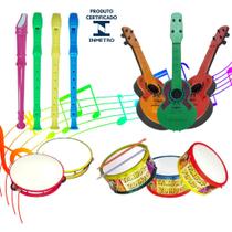 Kit 4 Instrumento Musical Pandeiro Flauta Violão E Tambor
