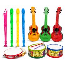 Kit 4 Instrumento Musical Pandeiro Flauta Violão E Tambor