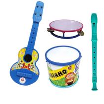 Kit 4 Instrumentos Musical Violão Pandeiro Flauta Bumbinho Infantil Brinquedo Banda