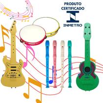 Kit 4 Instrumentos Musical Violão Pandeiro Flauta Guitarra Infantil Brinquedo Banda