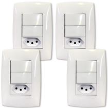 KIT 4 Interruptor Duplo Simples + Tomada 10A Branca Brilho Home Blux