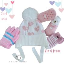 Kit 4 Itens 1 Touca + 2 Pares de Meia Felpuda + 1 par de Luva Infantil Feminina de 2 á 4 Anos Menina