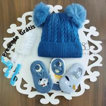 Kit 4 Itens 1 Touca + 3 Pares de Meia Sapatinha Infantil com Antiderrapante de 0 á 2 Anos de Idade