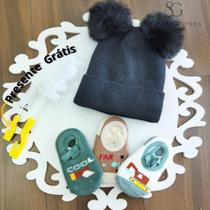 Kit 4 Itens 1 Touca + 3 Pares de Meia Sapatinha Infantil com Antiderrapante de 0 á 2 Anos de Idade