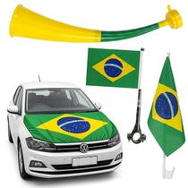 Kit 4 Itens Bandeiras De Carro E Moto Corneta Vuvuzela Para Torcedores Brasileiros Copa Do Mundo