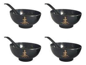 Kit 4 Jogo Tigela Bowl Sopa Colher Gourmet Oriental Lengue Preto