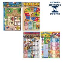 Kit 4 Jogos De Tabuleiro Mesa Bolsa De Valores e Ilha Do Tesouro e Banco Imobiliário e Shopkids