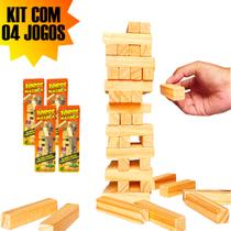 Kit 4 Jogos Torre Maluca Caiu Perdeu Madeira Equilíbrio Jenga Brinquedo