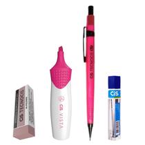 Kit 4 Lapiseira Neon 0.5 Rosa + Borracha + Grafite +Vista RS