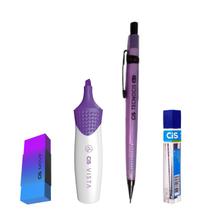 Kit 4 Lapiseira Neon 0.5 Roxa + Borracha +Grafite + Vista Rx