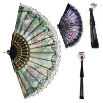 Kit 4 Leques Japonês Oriental Preto Tecido Floral Com Renda