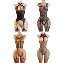 KIT 4 Lingerie Sexy Feminina Collants Florais Pretos ElaShopp KIT 4 Lingerie Sexy Feminina Collants Florais Pretos ElaShopp
