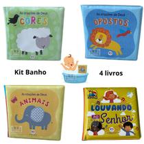 Kit 4 livrinhos bíblicos para banho impermeável de bebê A criação de Deus Louvando Infantil Ilustrado para Brincar