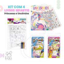 Kit 4 livro atividades infantil - Colorir Aquabook Adesivos - Unicórnio e Princesas