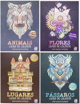 KIT 4 LIVROS DE COLORIR ADULTO ANTIESTRESSE Happy Books Frases Inspiradoras Animais, Flores, Lugares e Pássaros